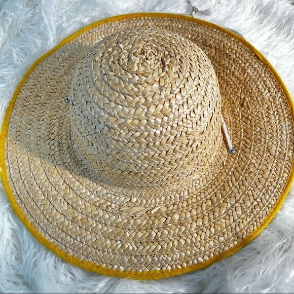 Women's Wide Brimmed Straw Hat Beach Summer Fun Yellow Trim - Picture 3 of 6